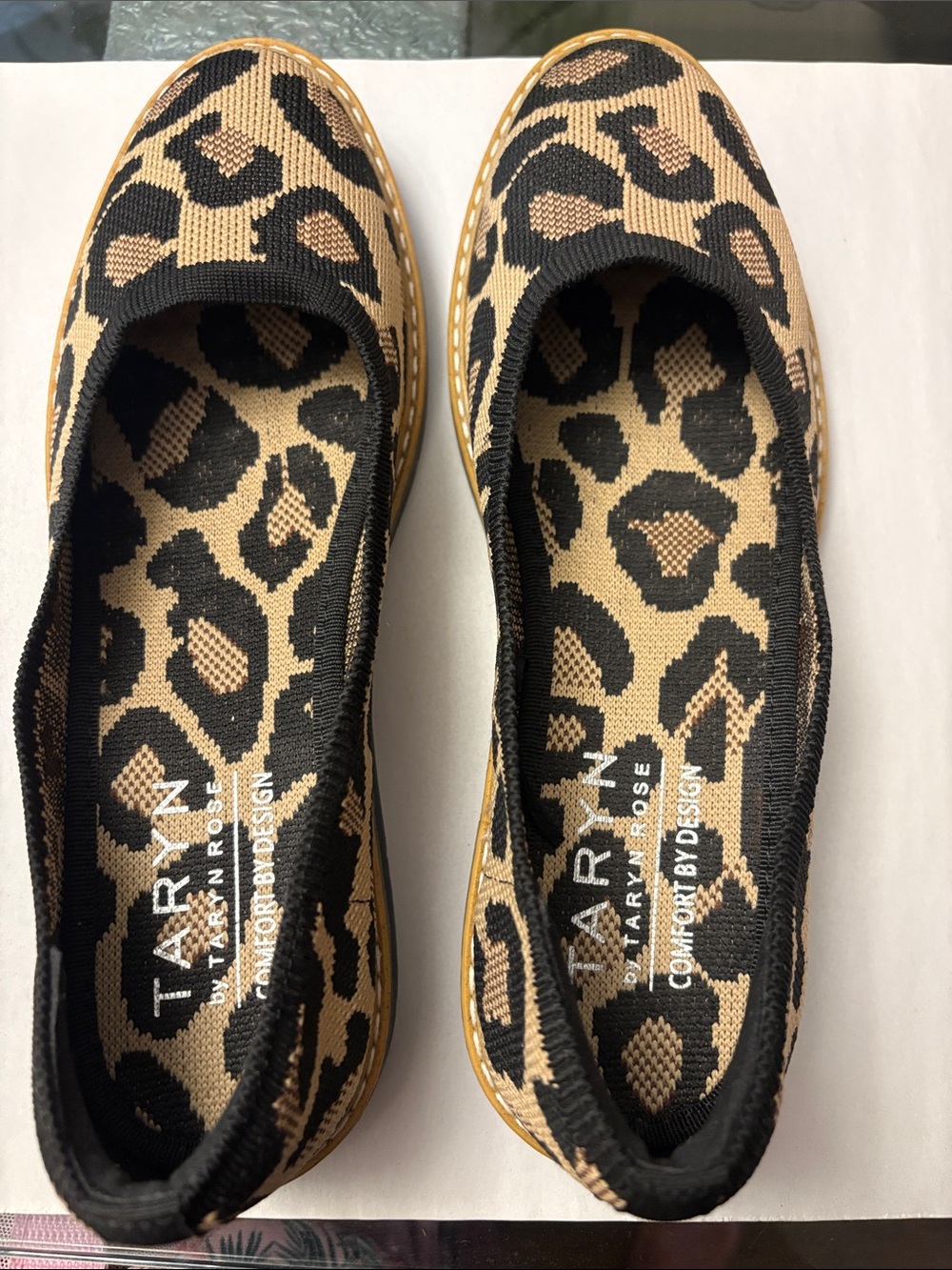 Taryn Rose Leopard Knit Slip-On Flats in Tan and Black